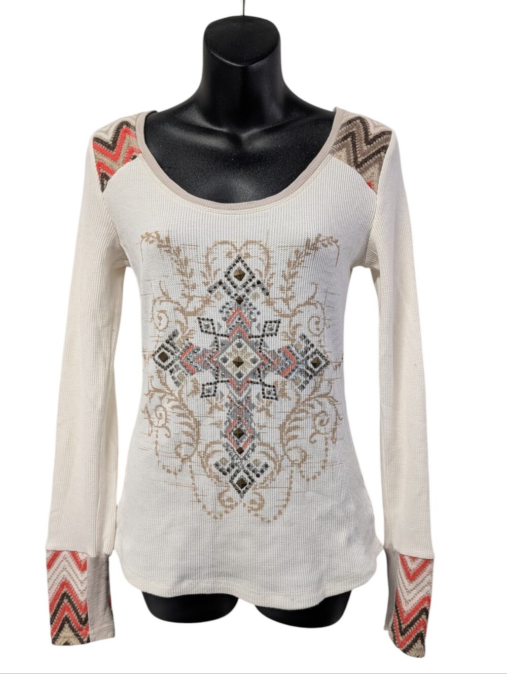 Miss Me Size M Cream Thermal Long Sleeve Top Studded Rhinestone Embellished